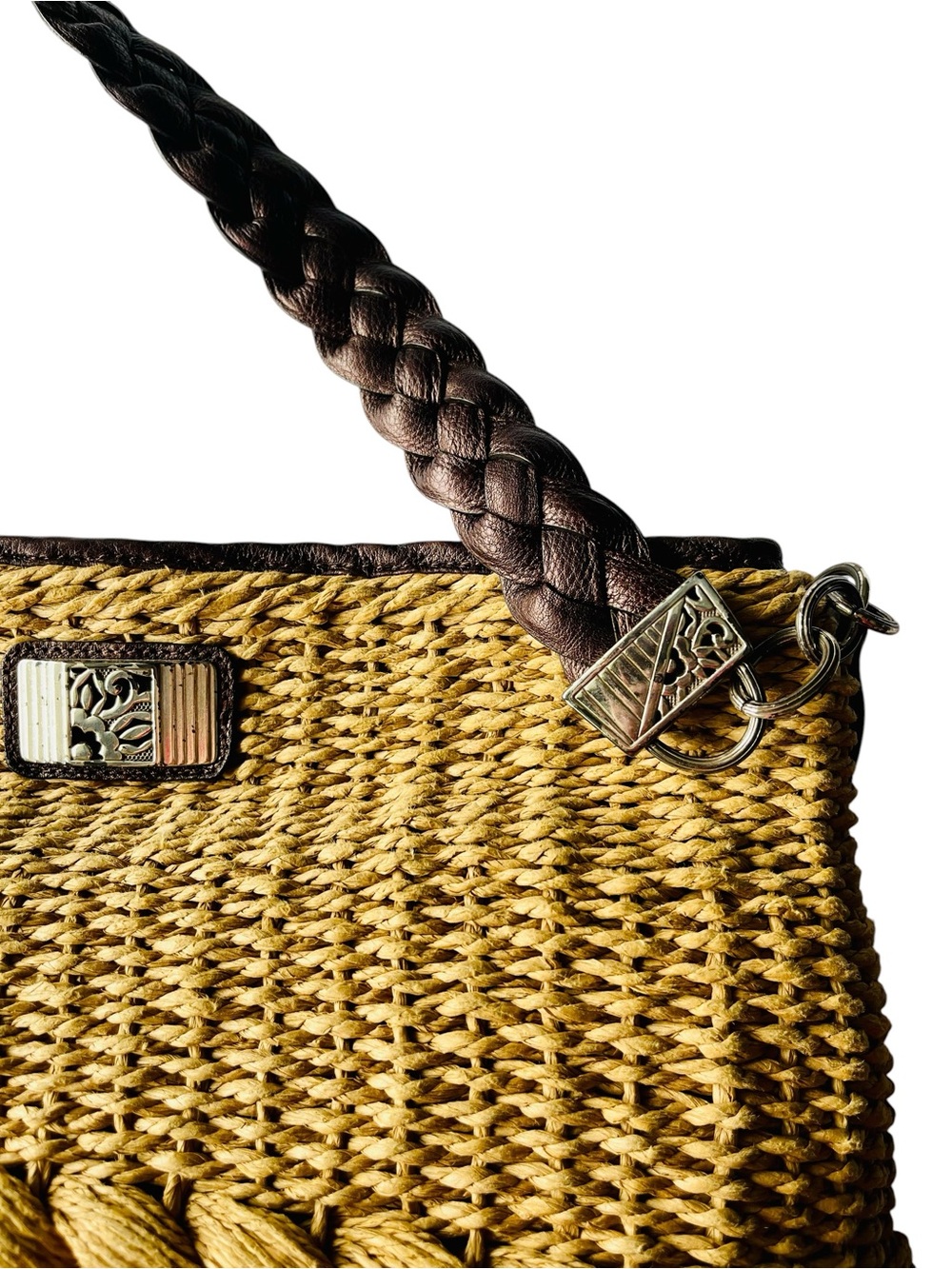 Brighton Straw Woven Shoulder Bag Brown Leather Braided Handle Beach Tote Purse - Picture 4 of 16